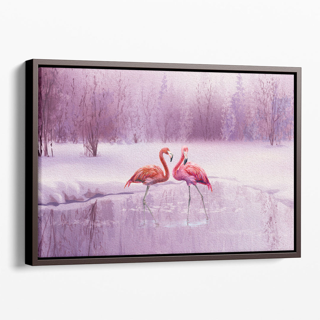 A Pair of Pink Flamingos in a Pond - Canvas Print Wall Art