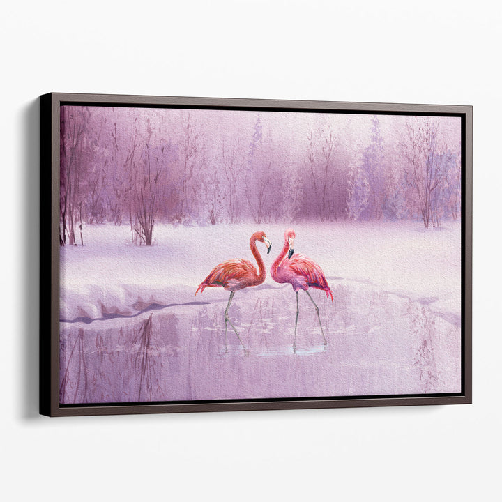 A Pair of Pink Flamingos in a Pond - Canvas Print Wall Art