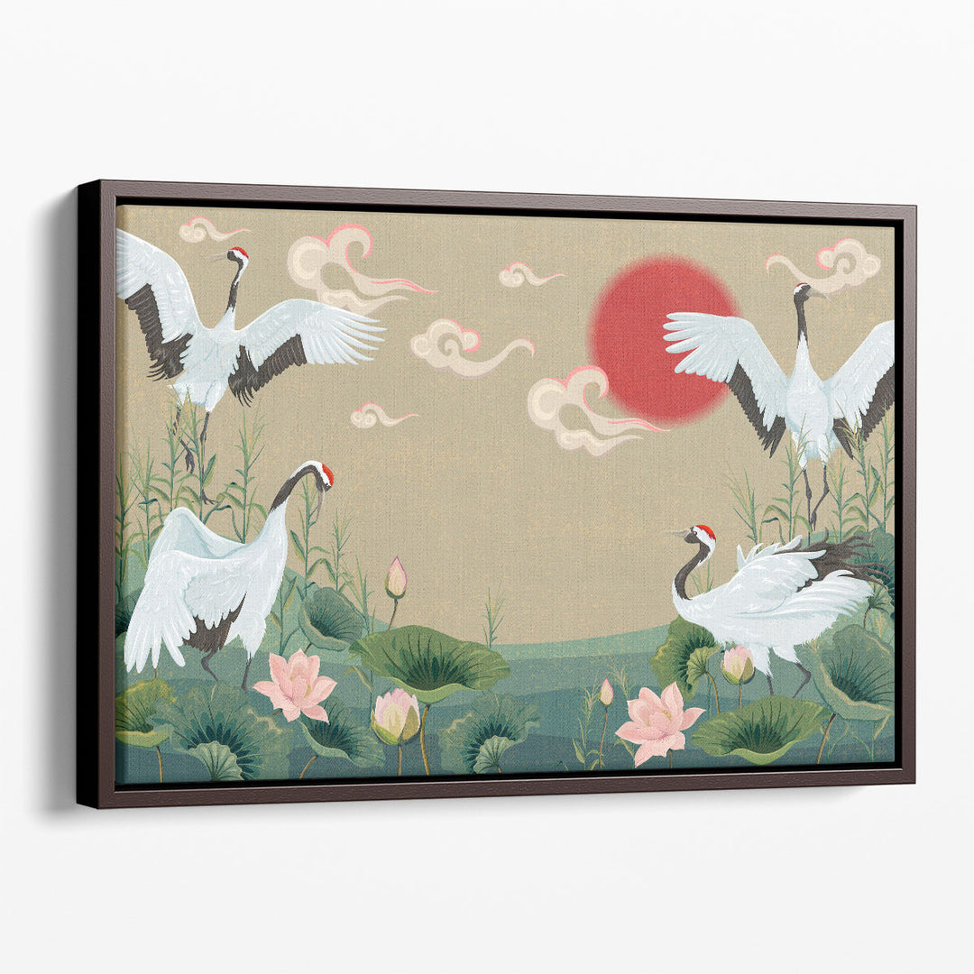 Japanese Style Art Painting, Cranes at Sunset - Canvas Print Wall Art