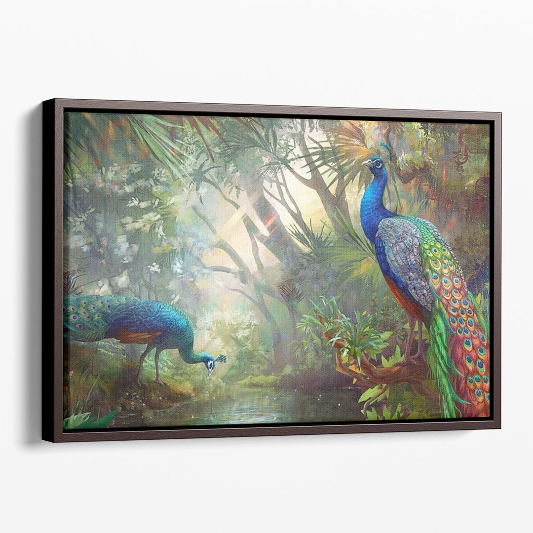 Peacock Duo In the Forest - Canvas Print Wall Art