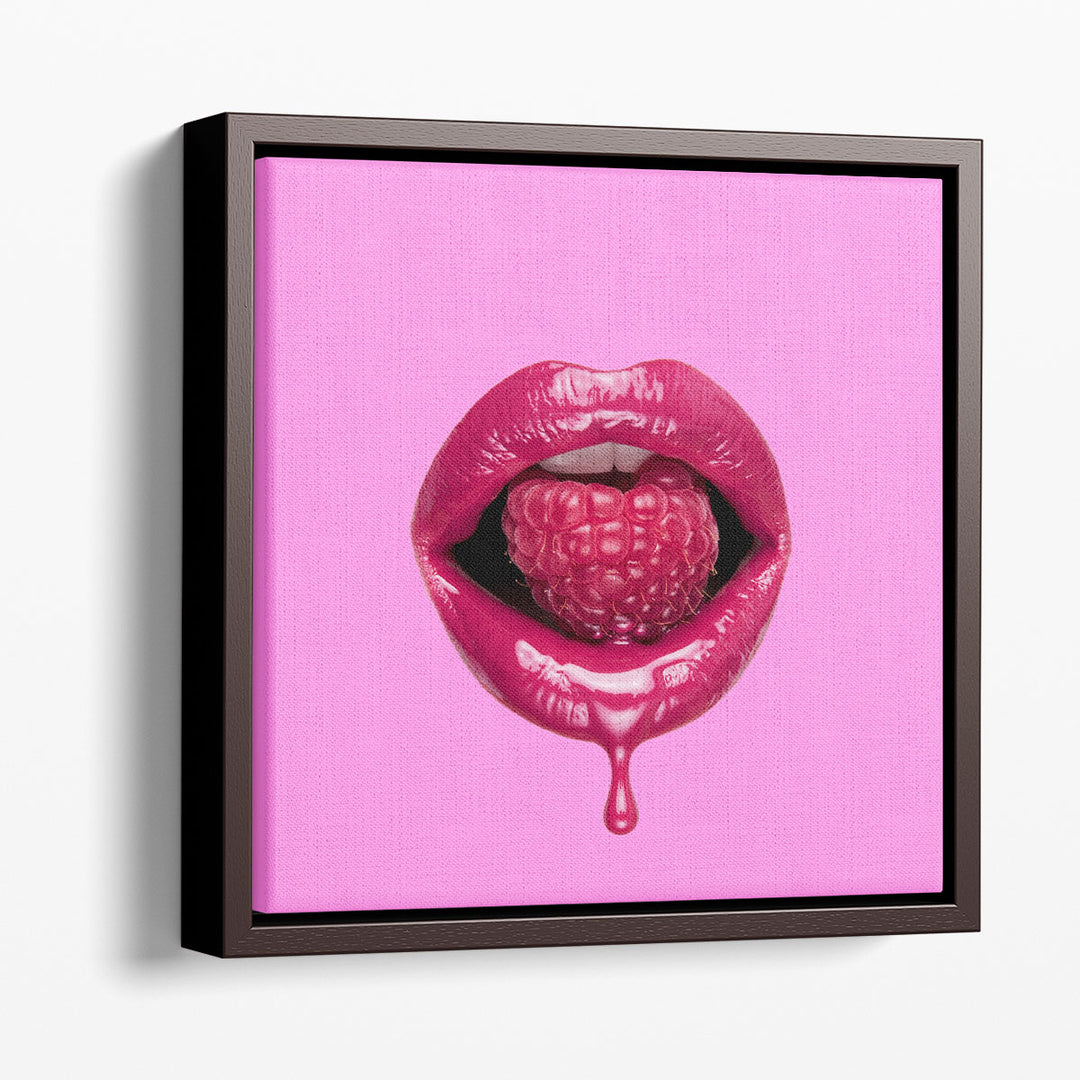 Red Dripping Lips Biting Strawberry - Canvas Print Wall Art