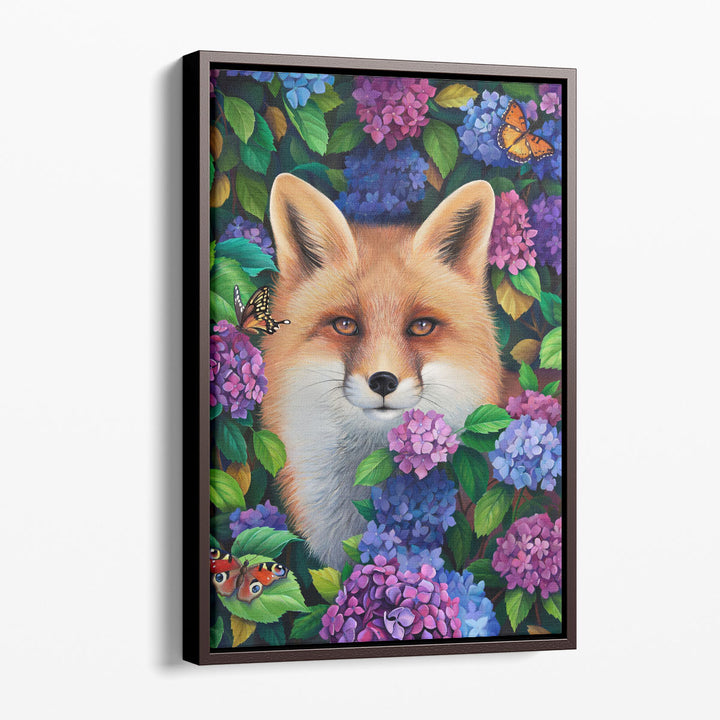 A Cute Fox In Hydrangea Flowers - Canvas Print Wall Art