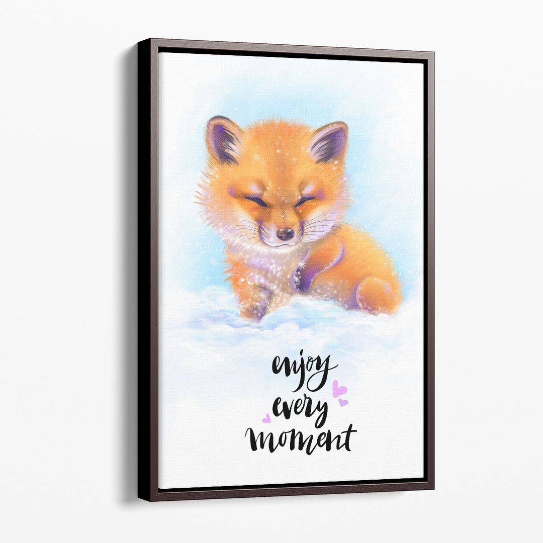 Enjoy Every Moment - Cute Baby Fox in the Snow - Canvas Print Wall Art