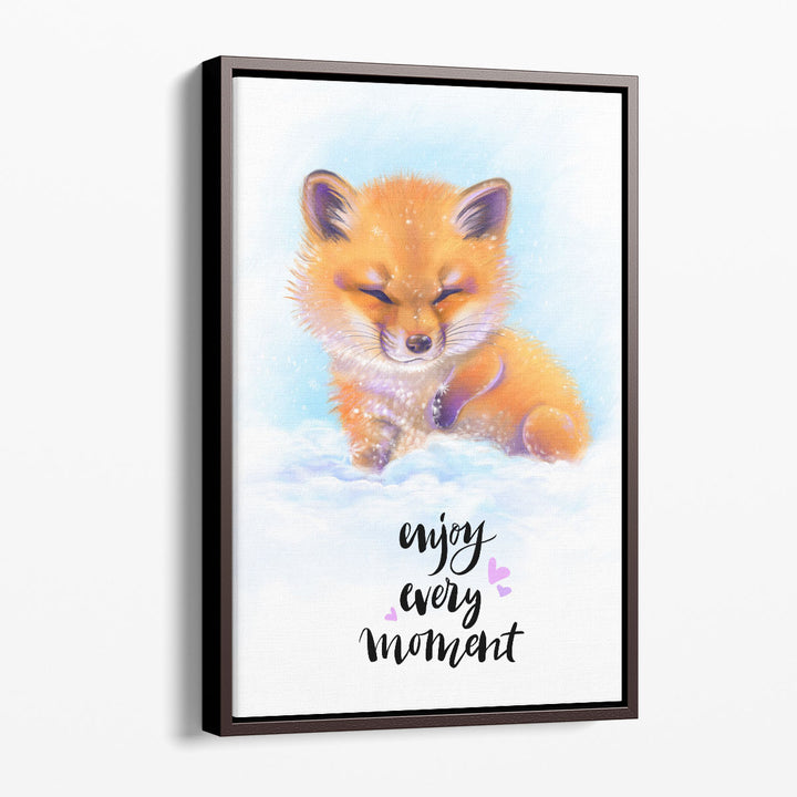 Enjoy Every Moment - Cute Baby Fox in the Snow - Canvas Print Wall Art
