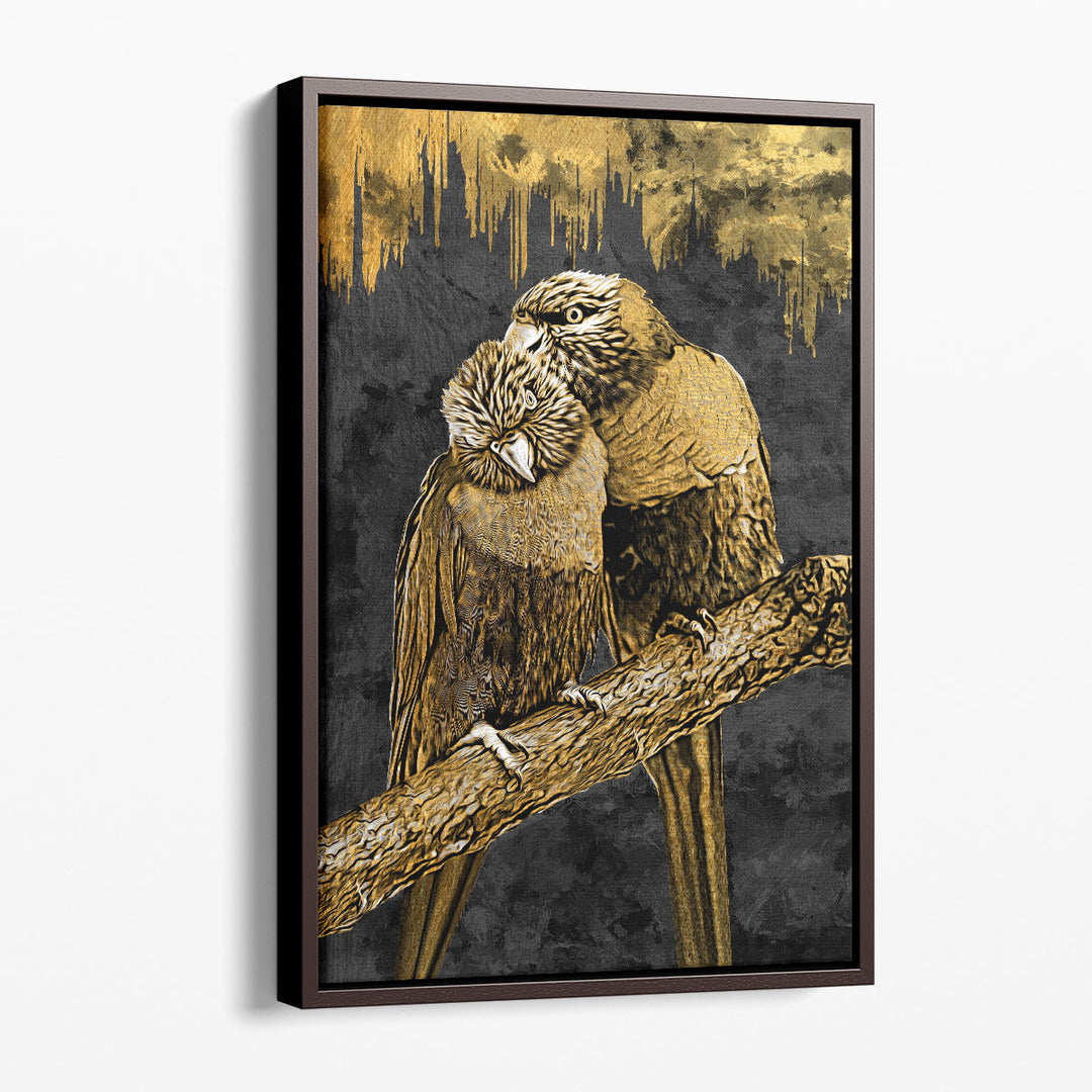 Gold Abstract of Two Parrots in Love - Canvas Print Wall Art