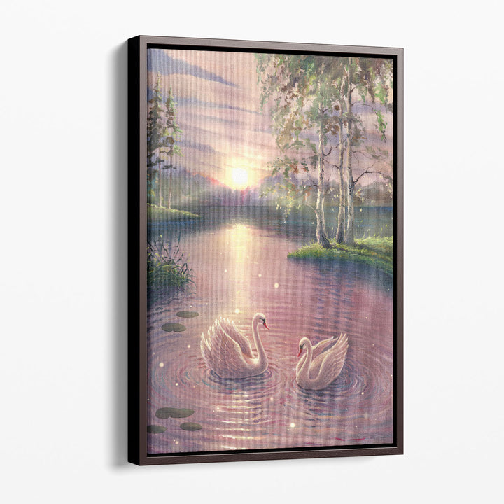 Magical Lake With Swans at Sunrise - Canvas Print Wall Art