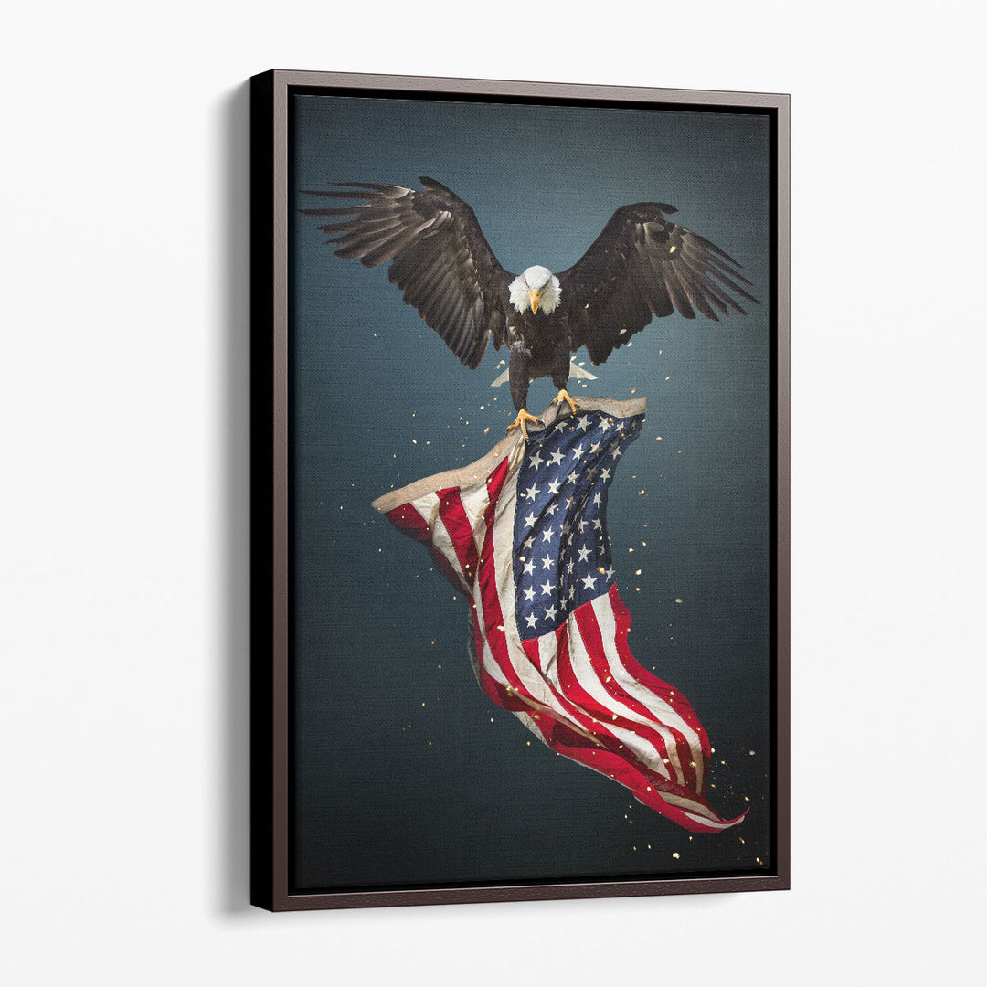 North American Eagle Flying With American Flag - Canvas Print Wall Art