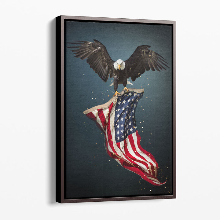 North American Eagle Flying With American Flag - Canvas Print Wall Art