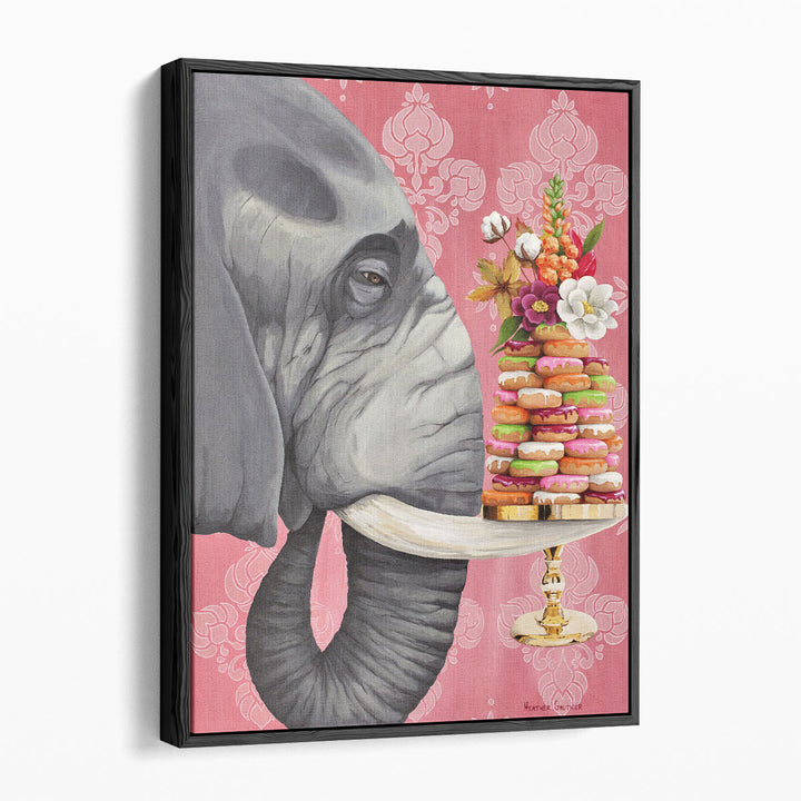 Surreal donut-carrying elephant scene