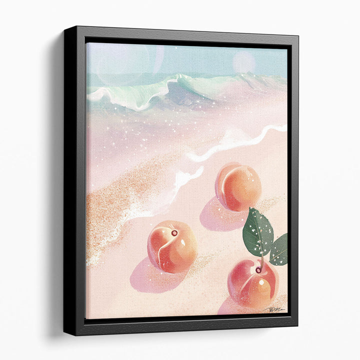 Beach artwork with scattered peaches