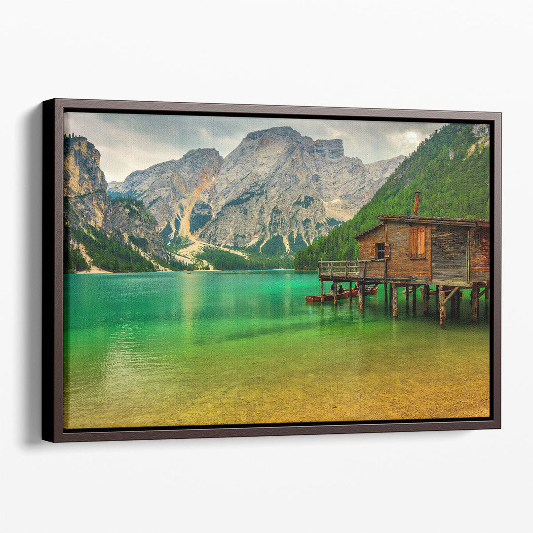 Braies Lake wall art with wooden hut and reflection