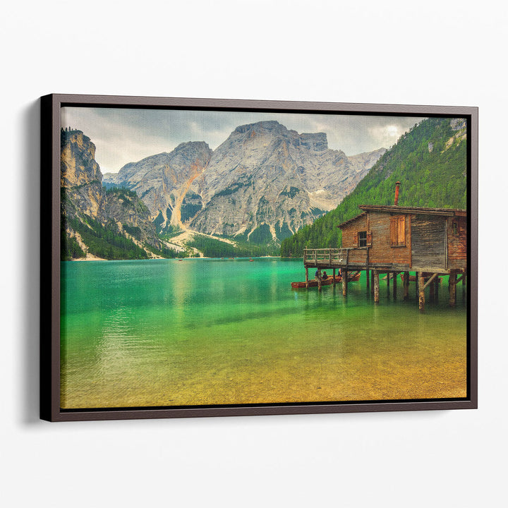 Braies Lake wall art with wooden hut and reflection