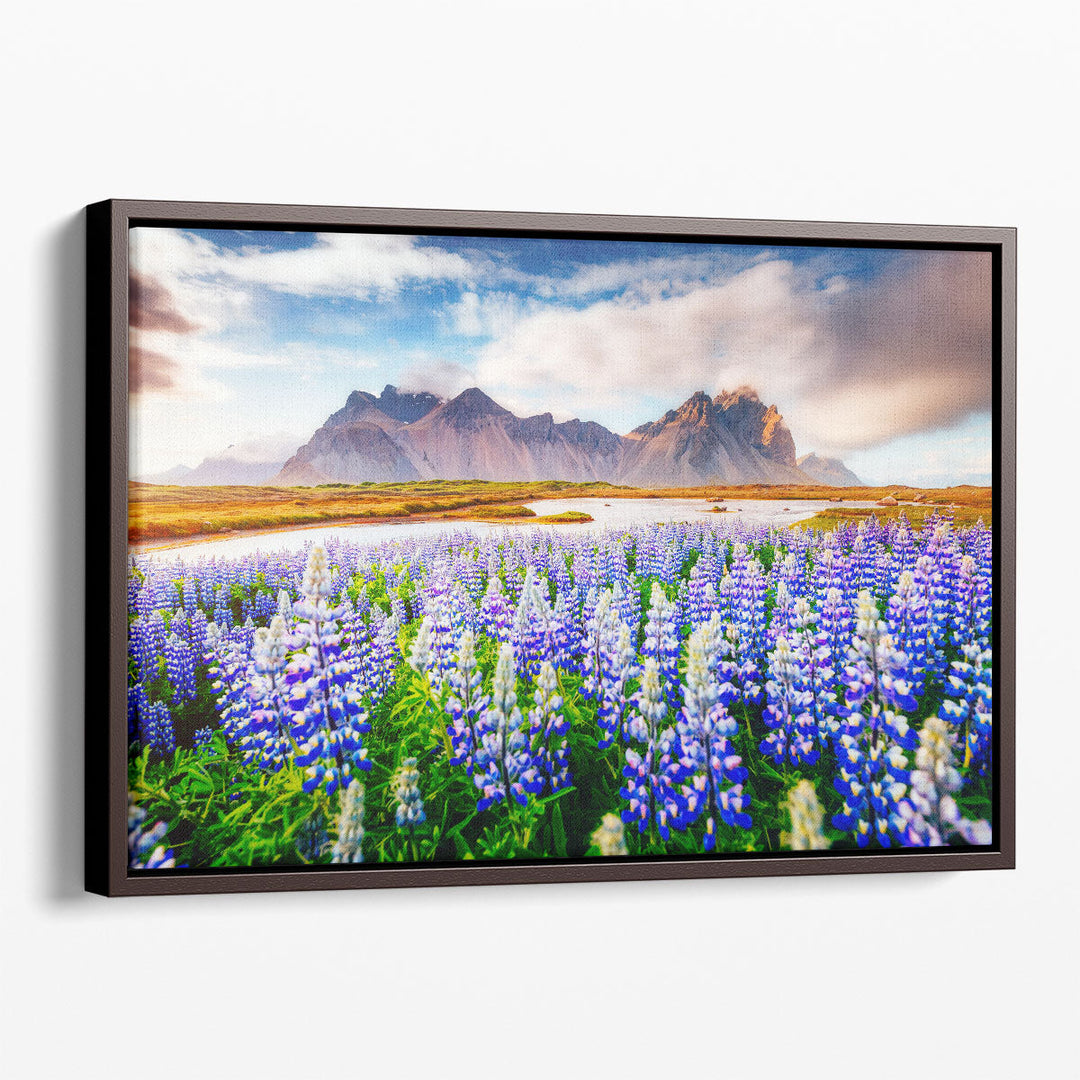 Nature photography print with flowers and mountain view