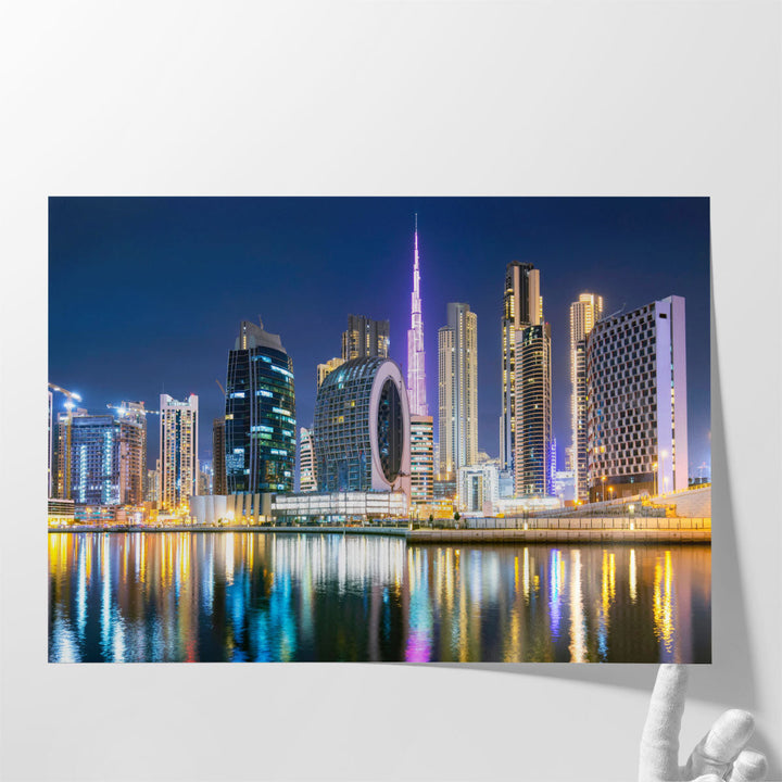 Dubai City Ultramodern Skyline During Night - Canvas Print Wall Art