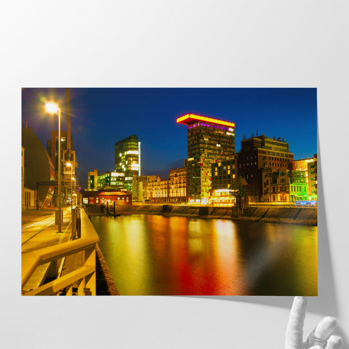 Colorful Night Scene of Rhein River in Dusseldorf, Germany - Canvas Print Wall Art