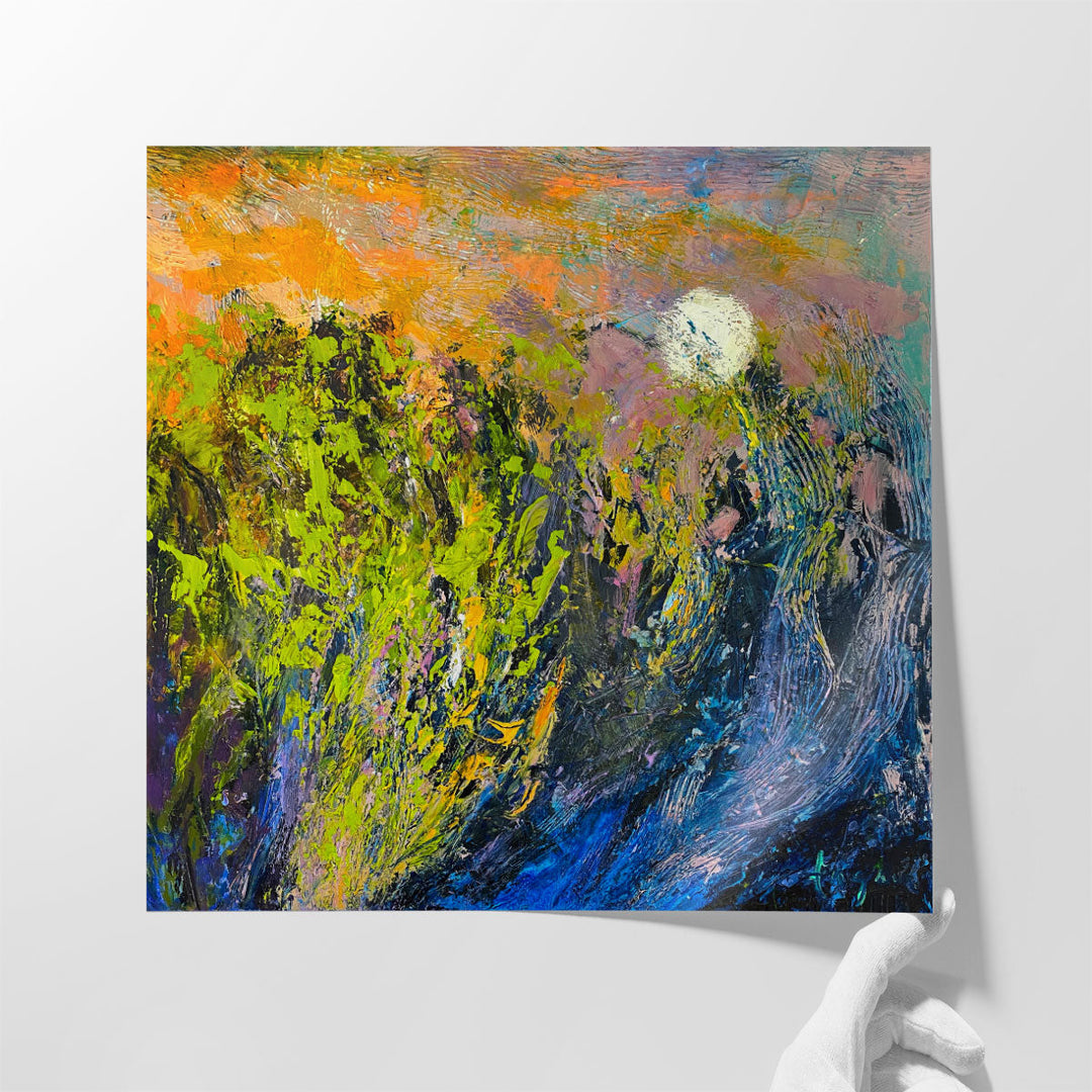 Living room wall art with vibrant yellow, blue, and green tones