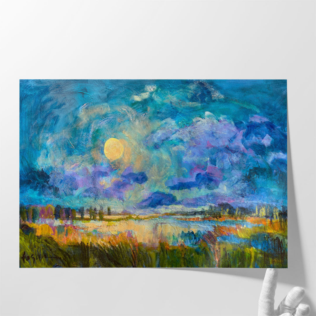 Blue scenic wall art for hallway moonlit scene