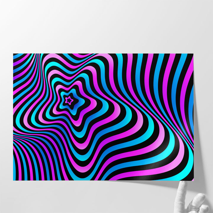 Psychedelic hallway artwork with neon shapes