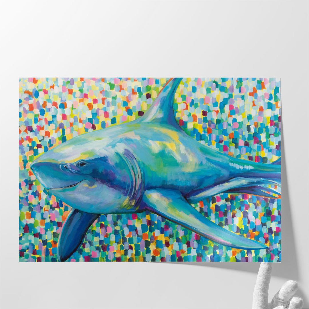Living room decor with colorful shark artwork