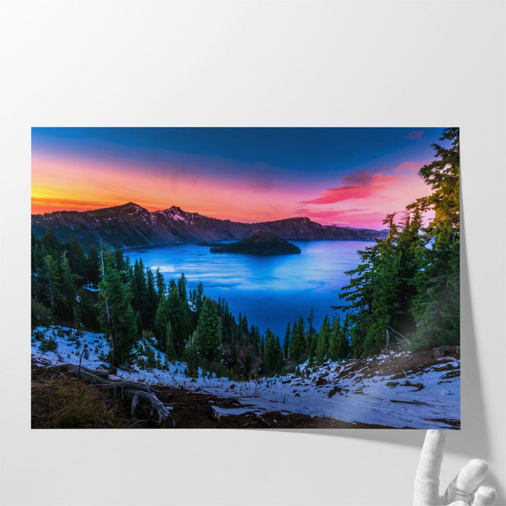 Crater Lake Oregon, Cold Winter Sunset - Canvas Print Wall Art