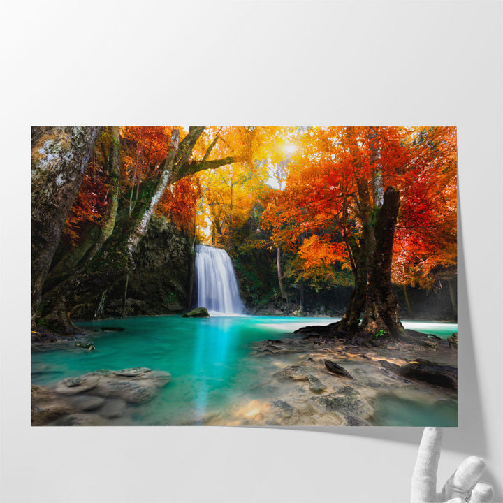 Deep Forest Waterfall During Autumn - Canvas Print Wall Art