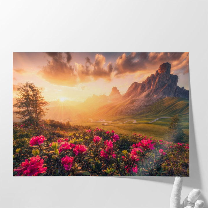Dolomites Mountains and Flowers - Canvas Print Wall Art