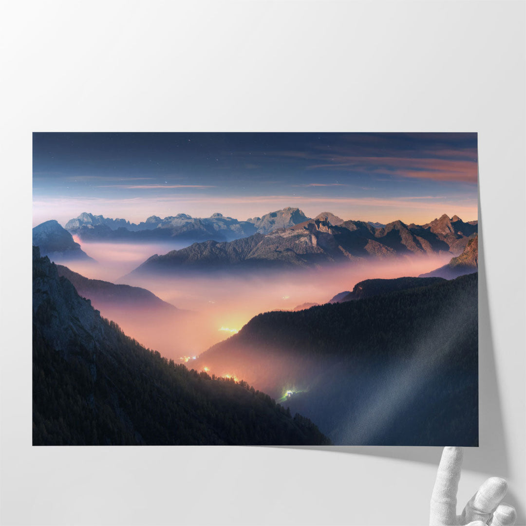 First Rays on Misty Mountains in Dolomites, Italy - Canvas Print Wall Art
