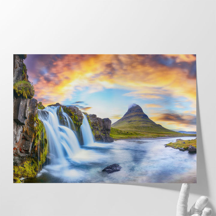 Kirkjufellsfoss Waterfall At Sunset in Iceland - Canvas Print Wall Art