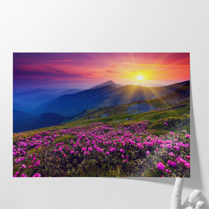 Scenic mountain wall art, purple flowers and green slopes
