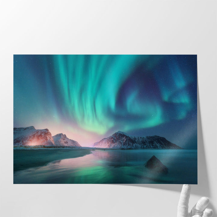 Winter Landscape With Aurora Borealis, Lofoten Islands - Canvas Print Wall Art