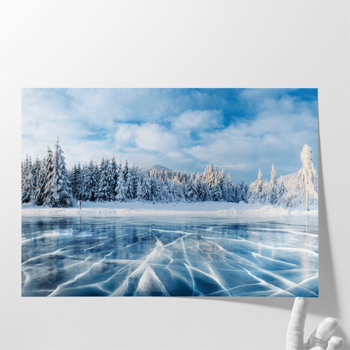 A Frozen Lake, Hills of Pines, Carpathian, Europe - Canvas Print Wall Art