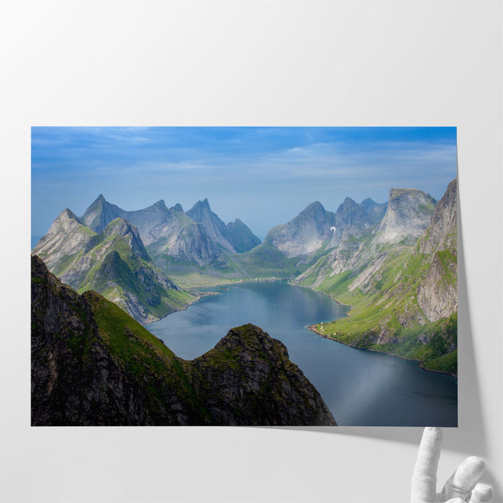 River and mountain wall art with blue tones