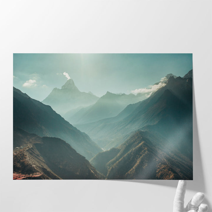 Misty mountain wall art in neutral colors