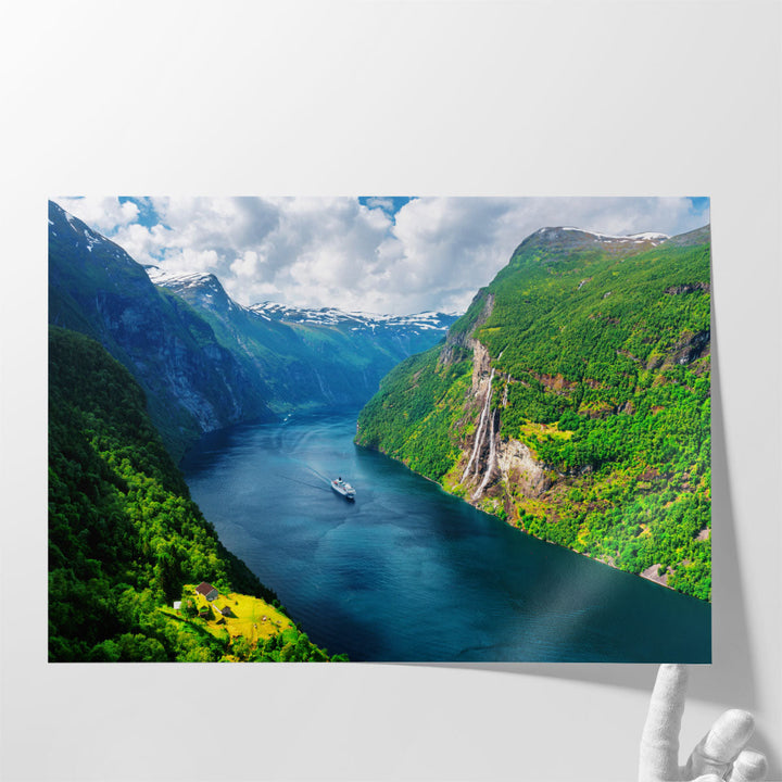 Sunnylvsfjorden Fjord, Seven Sisters Waterfalls, Norway - Canvas Print Wall Art