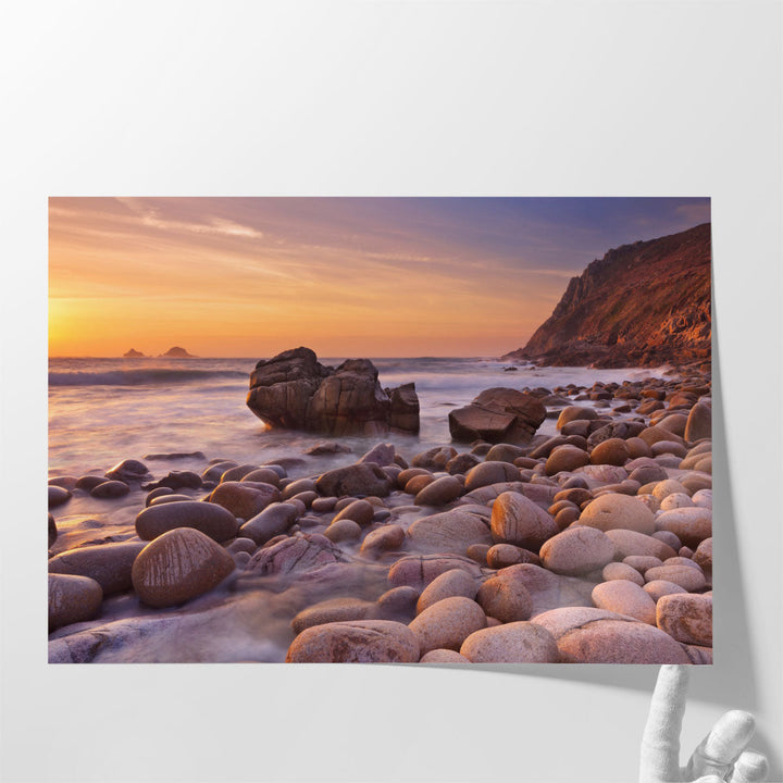 The Rocky Beach Of Porth Nanven, England During Sunset - Canvas Print Wall Art