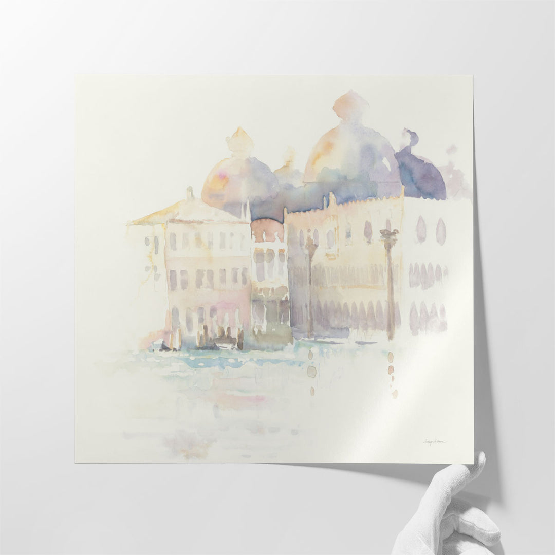 Hallway artwork featuring modern watercolor buildings