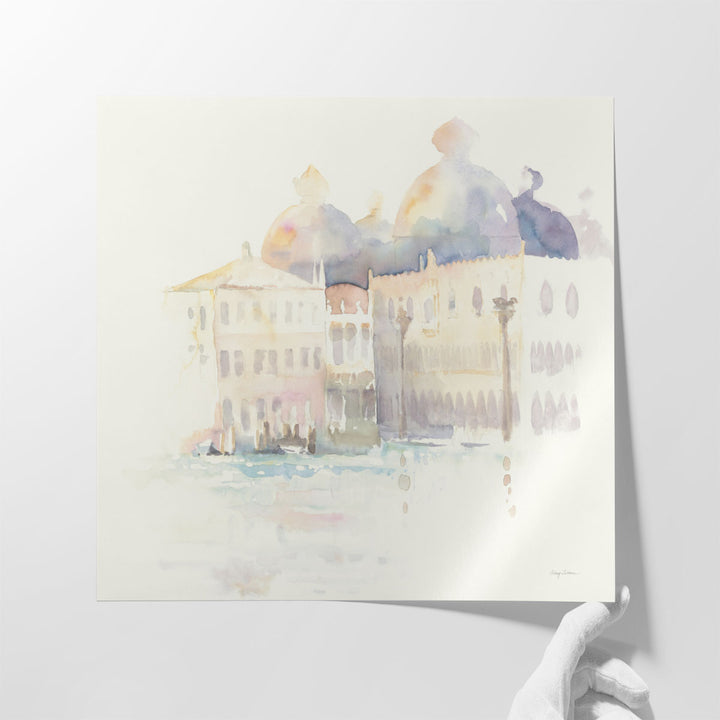 Hallway artwork featuring modern watercolor buildings