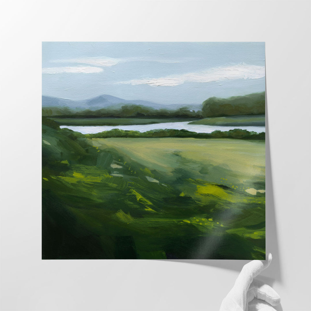 Abstract landscape art with green and blue brushstrokes