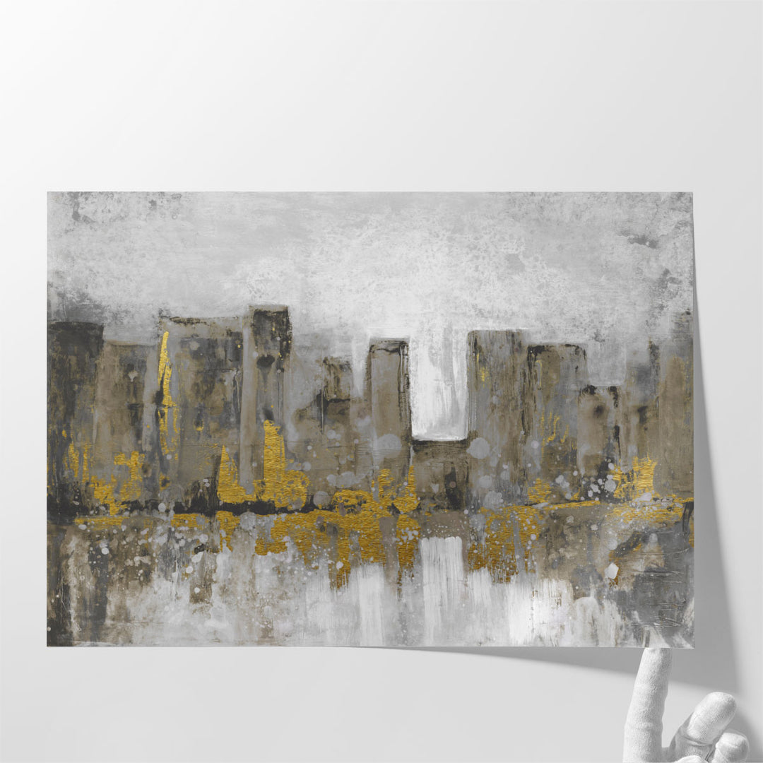 Hallway wall decor with gold-accented cityscape