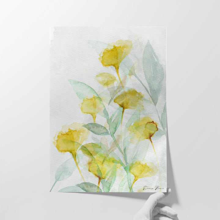 Yellow floral art on neutral-toned canvas