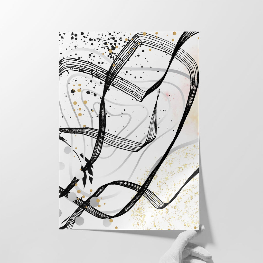 Monochrome hallway artwork with bold strokes