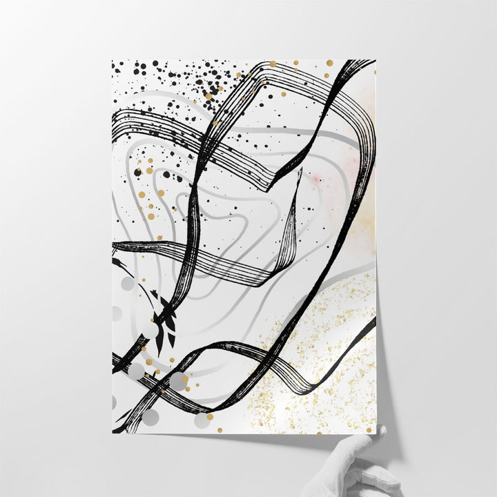 Monochrome hallway artwork with bold strokes