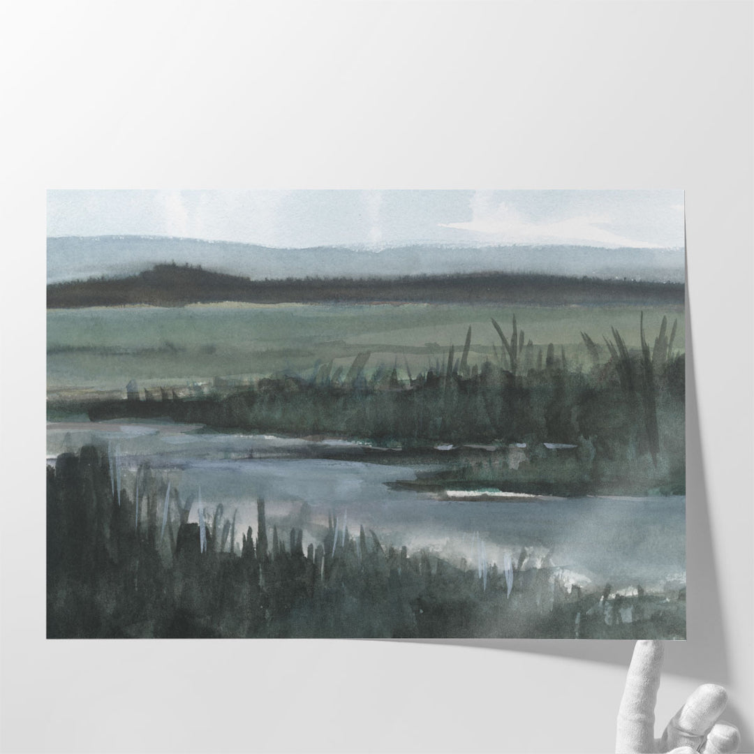 Neutral hallway wall art with landscape and watercolor design