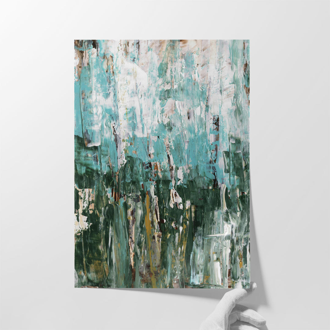 Layered brushwork in green, blue, and beige