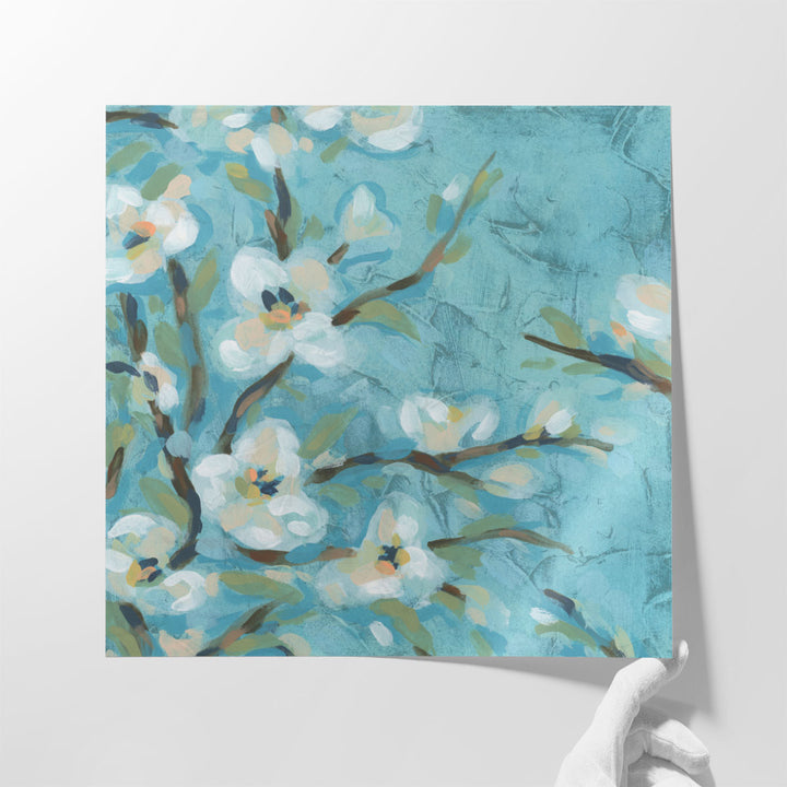 Blue and white living room decor with abstract flowers