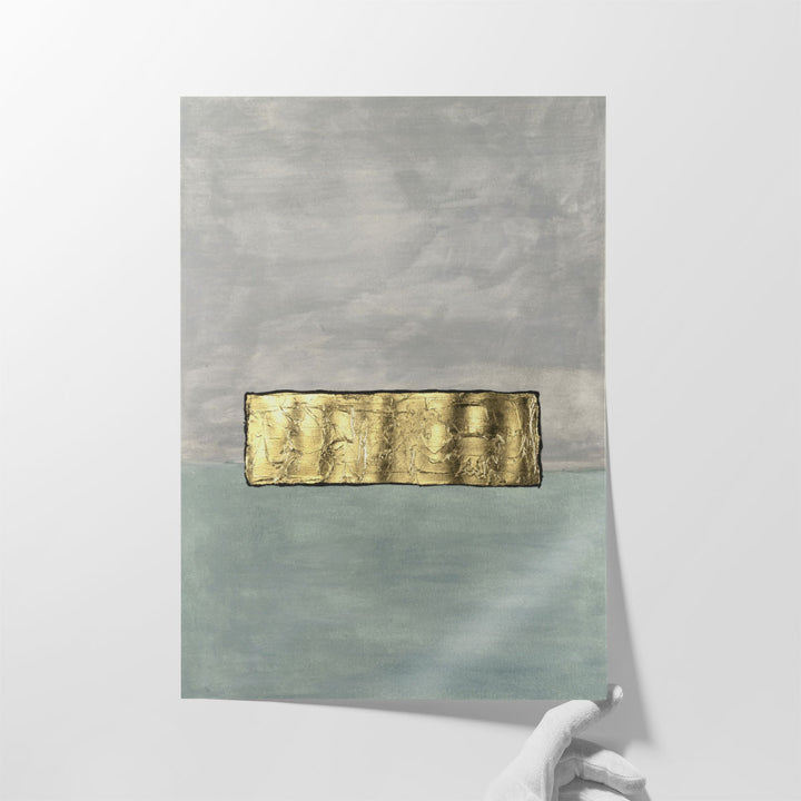 Hallway artwork with neutral and gold contrast