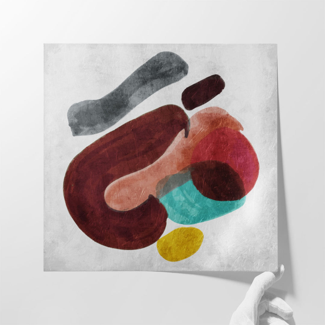 Hallway wall decor in red and blue tones