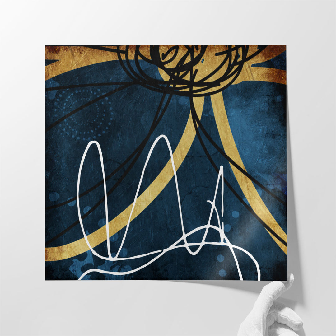 Abstract artwork with navy and linear accents