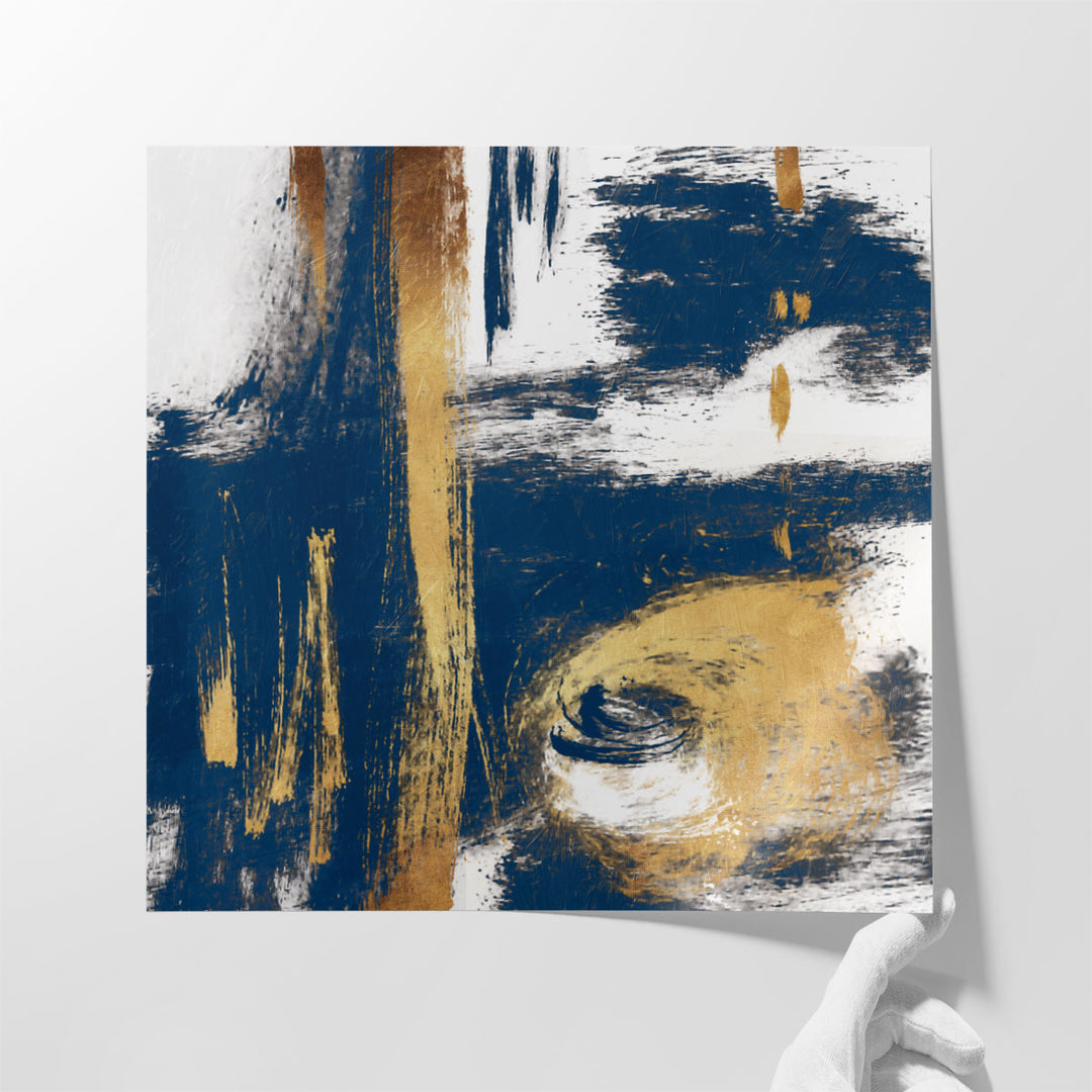 Abstract art in rich blue and metallic gold