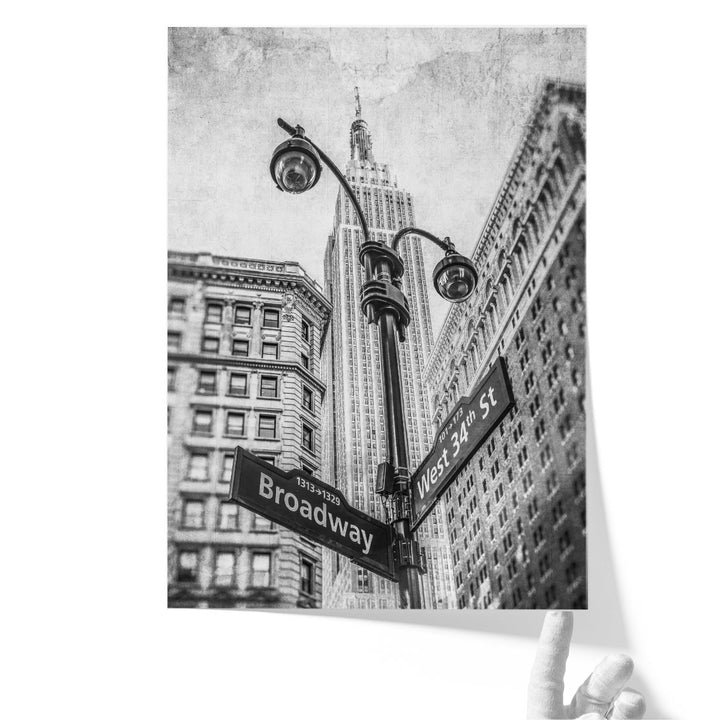 Street Lamp And Signs With Empire State Building, New York 1 Black And White - Canvas Print Wall Art